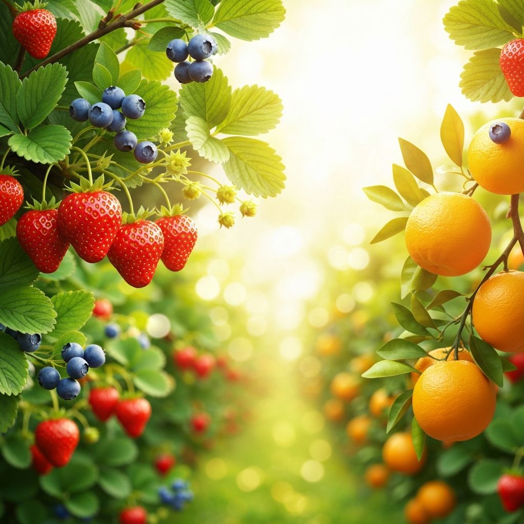 Ripe colourful fruits growing on healthy plants