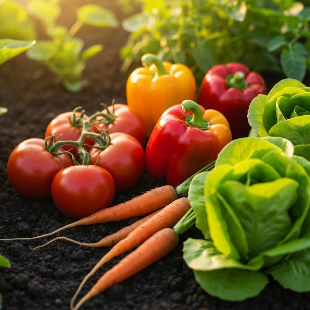 Fresh organic vegetables growing in a kitchen garden